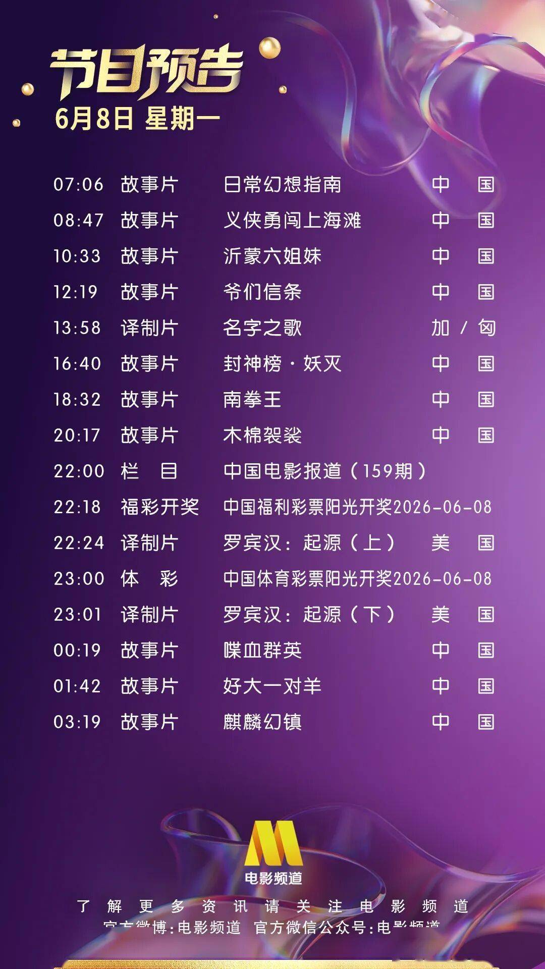 6月8日（星期一）CCTV6节目预告封面图